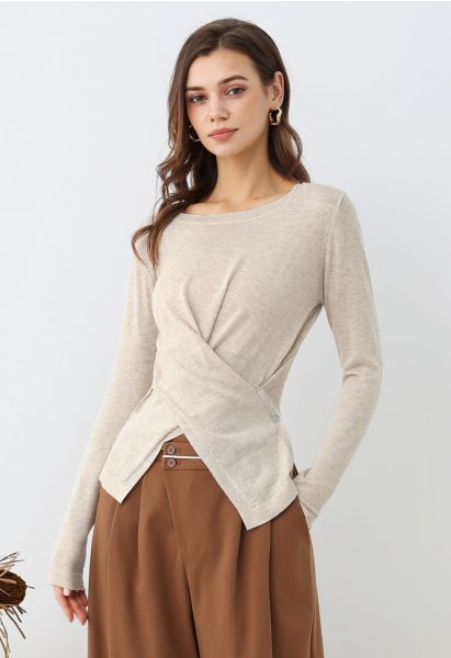 Fascinating Crisscross Buttoned Knit Top in Oatmeal