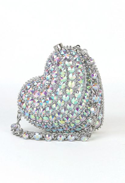 Rhinestone Mini Heart Shoulder Bag in Silver