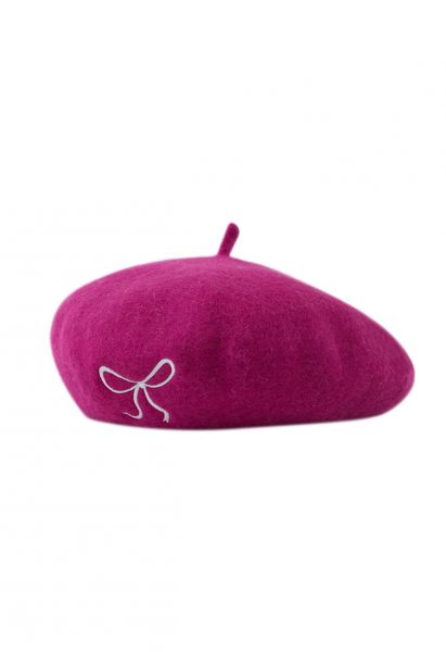 Embroidered Bowknot Wool-Blend Beret in Magenta