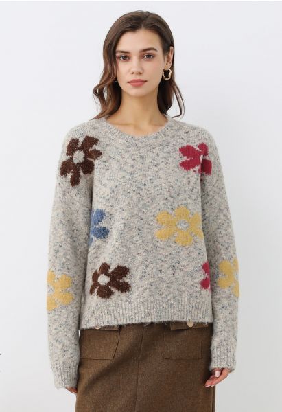 Multicolored Floral Pattern Fuzzy Knit Sweater in Oatmeal