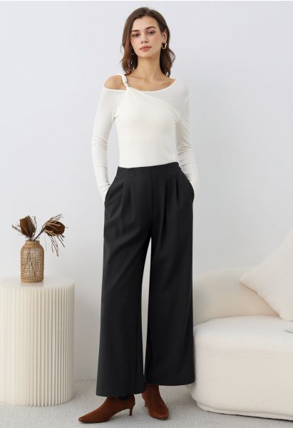 Effortless Polished Buttoned Pleats Palazzo Pants in Black