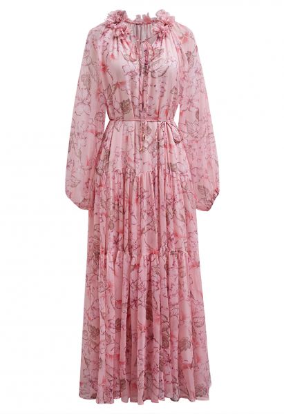 Floral Ballet Tie String Chiffon Midi Dress in Pink