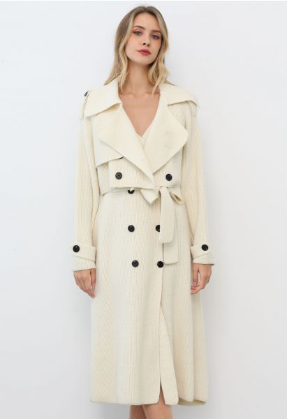 Double-Breasted Sleeveless Knit Dress and Cardigan Set in Cream