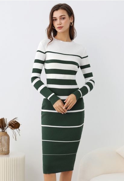 Color Block Stripe Bodycon Knit Midi Dress in Dark Green