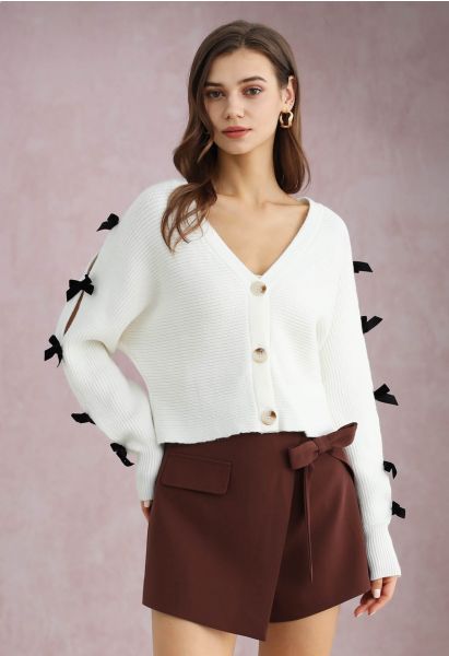 Bowknot Split Sleeve Button Down Cropped Cardigan in White