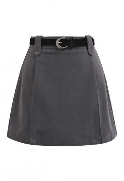 Time-Traveled Faux Suede Belted Mini Skirt in Smoke