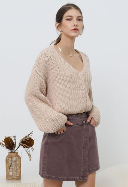 Hand-Knit Drop-Shoulder Buttoned Crop Cardigan in Light Pink