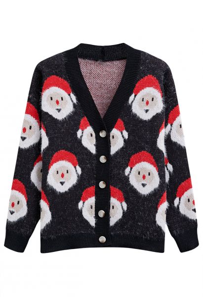 Fuzzy Santa Claus Button Down Knit Cardigan in Black