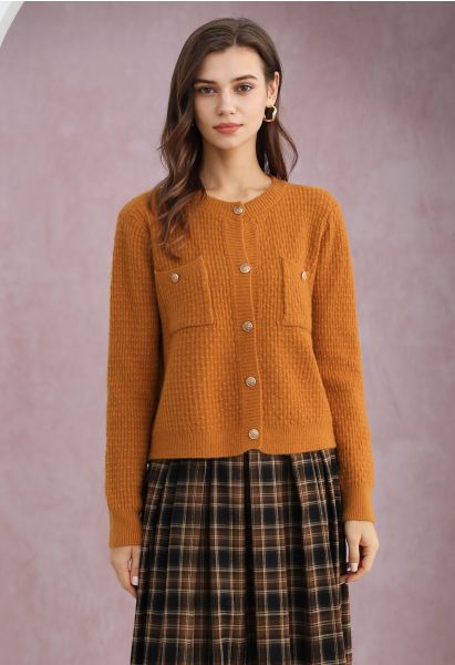 Embossed Dots Patch Pocket Buttoned Knit Cardigan in Orange