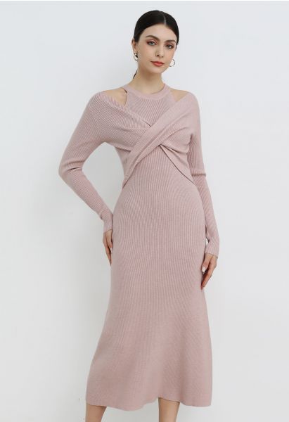 Cutout Shoulders Cross Front Knit Midi Dress in Pink