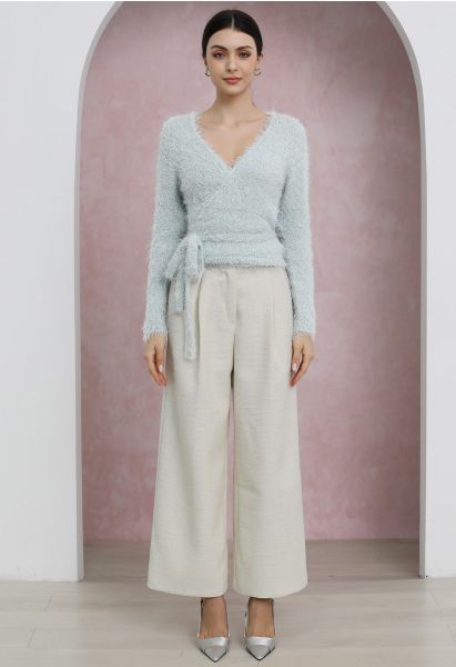 Stylish Tweed Pleats Palazzo Pants in Ivory