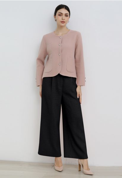 Stylish Tweed Pleats Palazzo Pants in Black