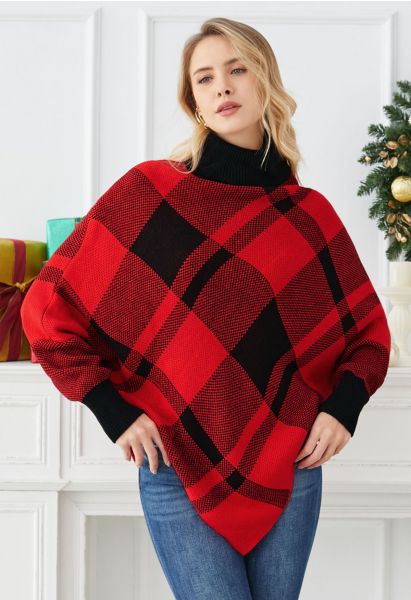 Festive Plaid Turtleneck Knit Poncho in Red