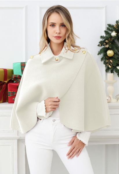 Golden Button Wrapped Knit Cape in Cream