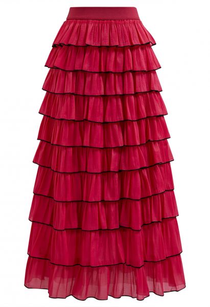 Contrasting Edges Tiered Ruffle Maxi Skirt in Red