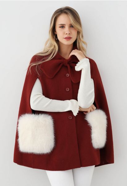 Bowknot Decor Faux Fur Pocket Buttoned Knit Cape Coat in Red