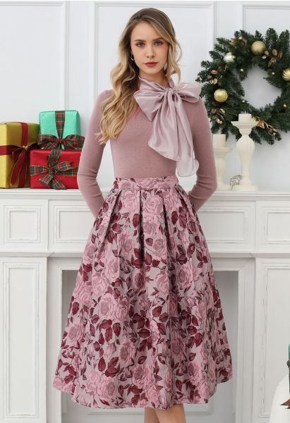 Enchanted Pink Rose Jacquard Pleated Midi Skirt