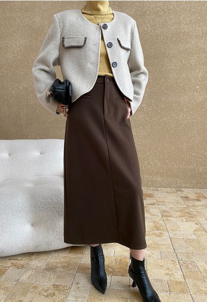 Everyday High-Waisted Back Split Midi Skirt in Brown