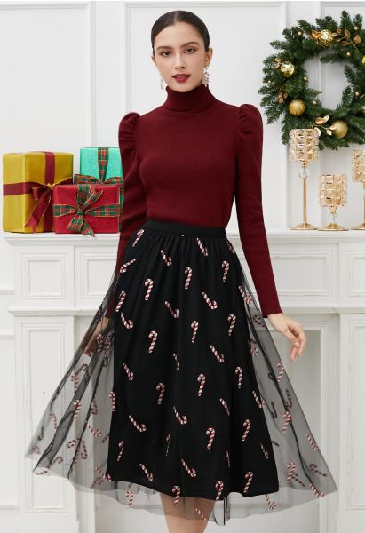 Shimmer Candy Cane Mesh Tulle Midi Skirt in Black