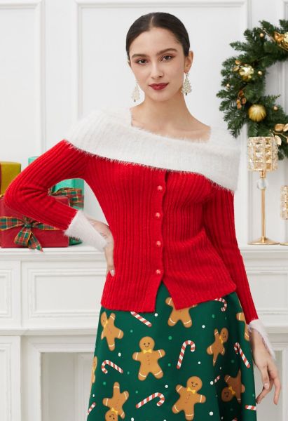 Contrast Fuzzy Folded Shoulder Button Knit Top in Red