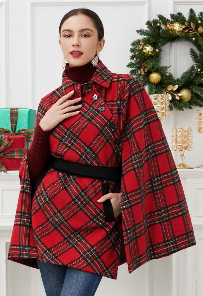 Button Wrap Tie Sash Tartan Cape Coat in Red