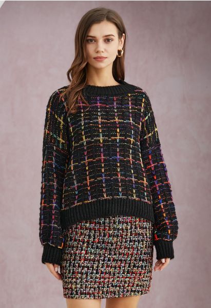 Color-Accented Grid Knit Sweater in Black