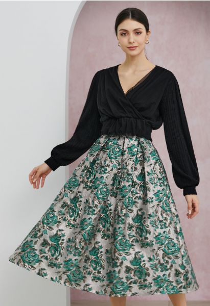 Teal Rose Embossed Jacquard A-Line Midi Skirt