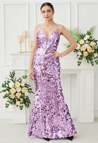 Deep V-Neck Sequin Mermaid Cami Gown in Lilac