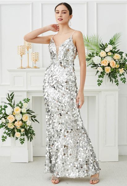 Deep V-Neck Sequin Mermaid Cami Gown in Silver