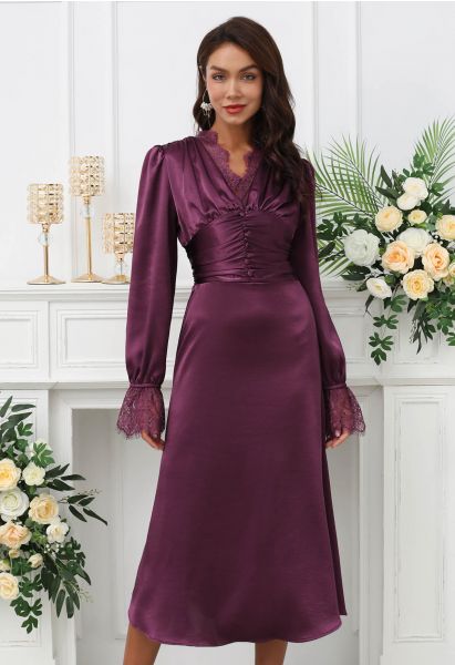 Lace Trim Ruched High Waist Satin Midi Dress in Plum