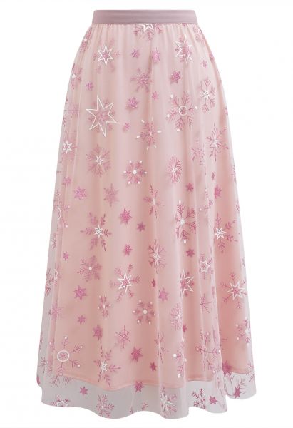 Glitter Star Snowflake Mesh Tulle Midi Skirt in Pink