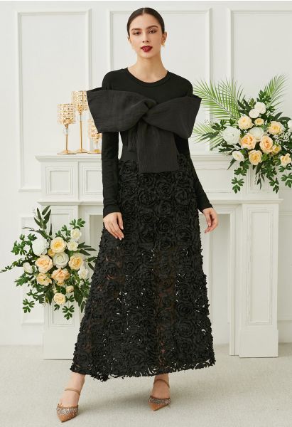 Rose Petal Embellished Mesh Maxi Skirt in Black