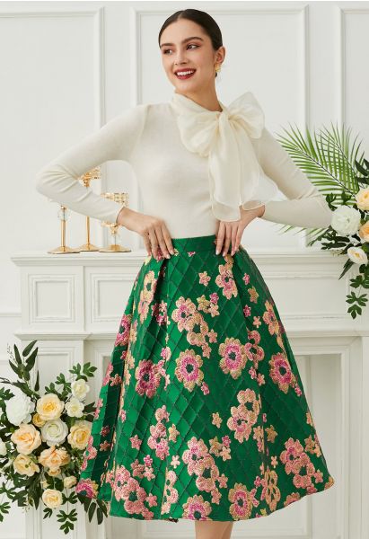 Falling Floral Grid Jacquard Midi Skirt in Green