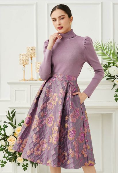 Falling Floral Grid Jacquard Midi Skirt in Lilac