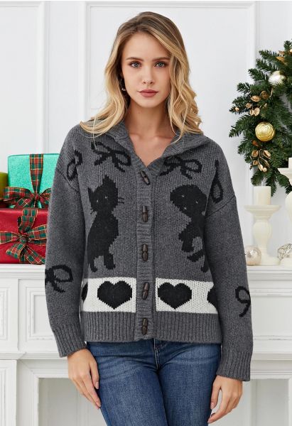 Bubbly Animal Button Down Ribbed Wool Cardigan in Smoke