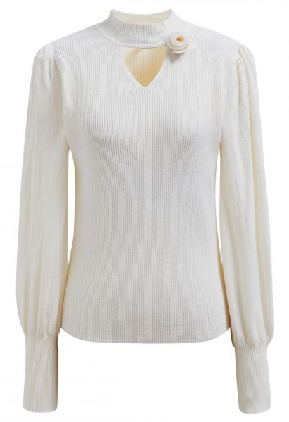 Artistic Floral Cutout Ribbed Knit Top in Cream