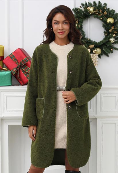 Collarless Button Down Sherpa Longline Coat in Army Green