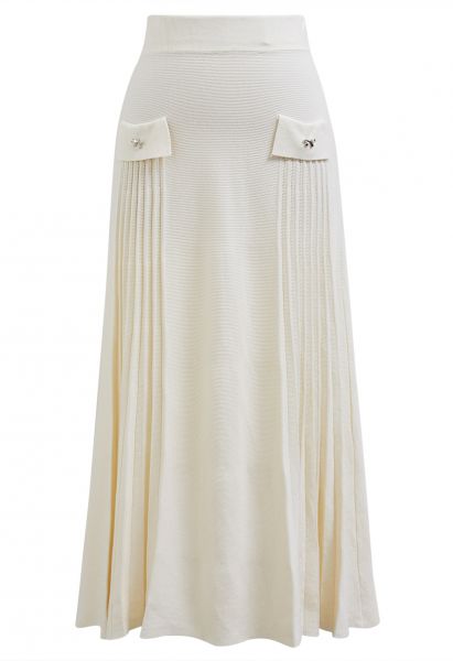 Little Bow Decorated Pleats Knit Maxi Skirt in Cream