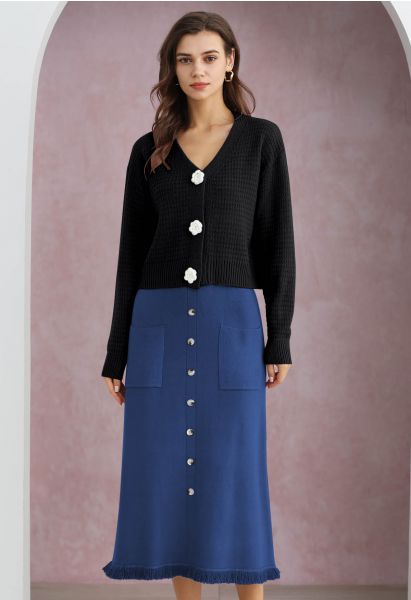 Button Trim Fringe Hem Knit Midi Skirt in Indigo