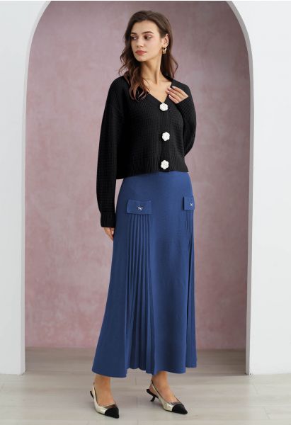 Little Bow Decorated Pleats Knit Maxi Skirt in Indigo