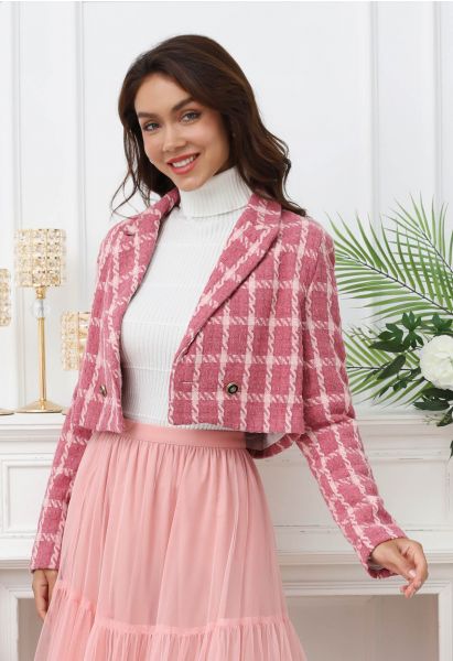 Check Tweed Padded Shoulder Cropped Blazer in Pink