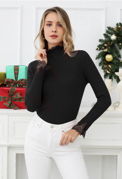 Lace Trim Mock Neck Ribbed Knit Top in Black