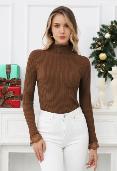 Lace Trim Mock Neck Ribbed Knit Top in Brown