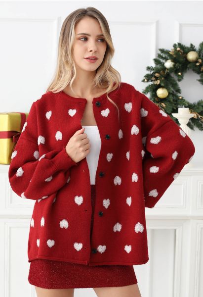 Fuzzy Heart Jacquard Knit Button Cardigan in Red