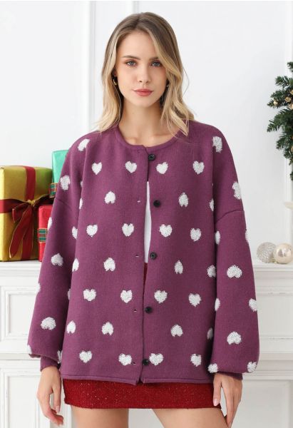 Fuzzy Heart Jacquard Knit Button Cardigan in Violet