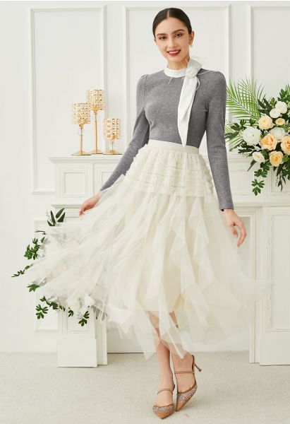 Ruffle Panelled Mesh Tulle Midi Skirt in Ivory