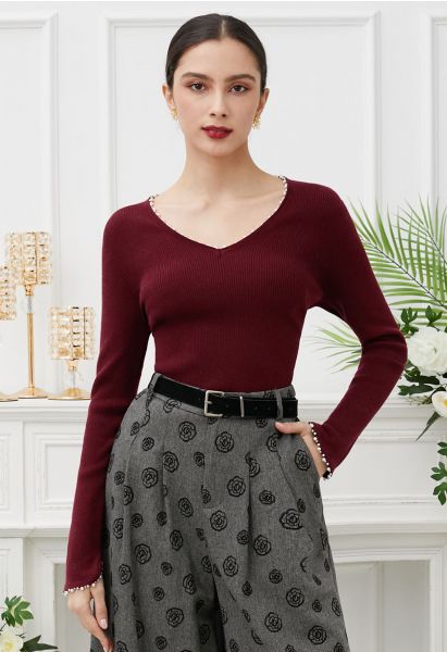 Pearl Decorated Ribbed Knit Top in Burgundy