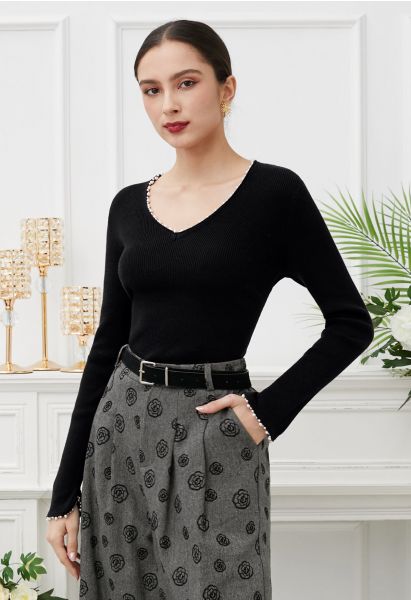 Pearl Decorated Ribbed Knit Top in Black