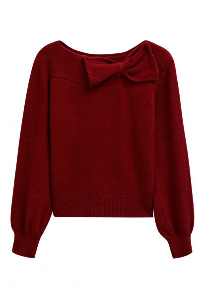 Bowknot-Trimmed Boat Neck Knit Sweater in Red