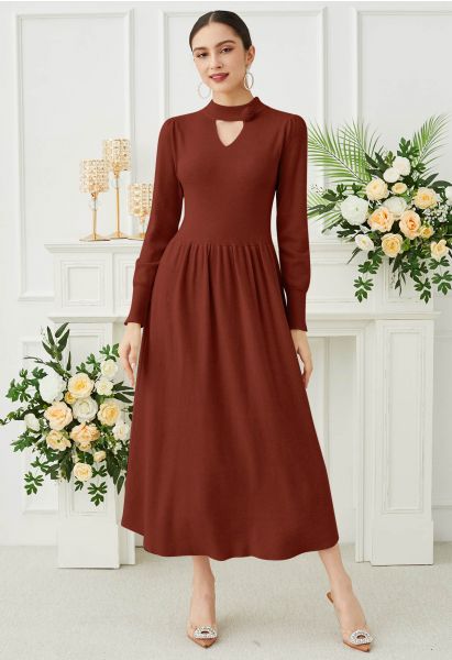 Floral Decor Cut-Out Ribbed Knit Midi Dress in Burgundy